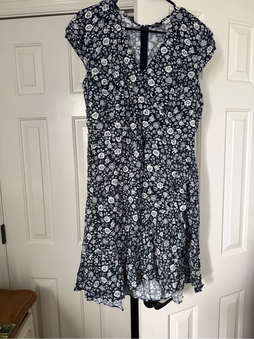 J Crew Floral Navy and White V-Neck Cap Sleeve Fake-Wrap Dress